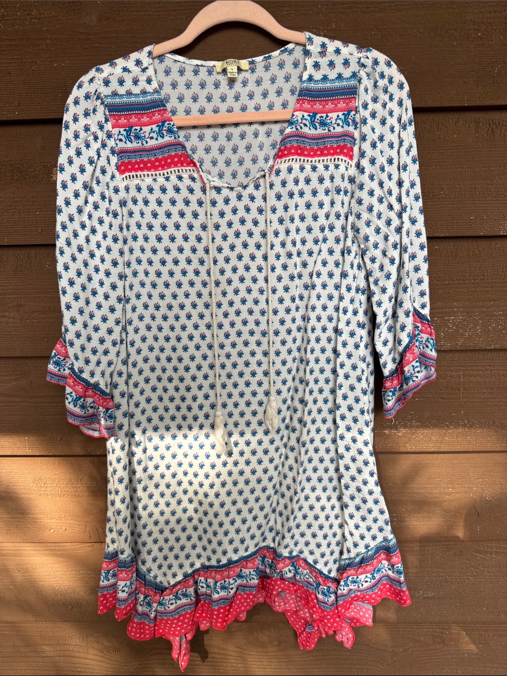 Kori White Tunic with Blue and Melon Border Embroidery size Large